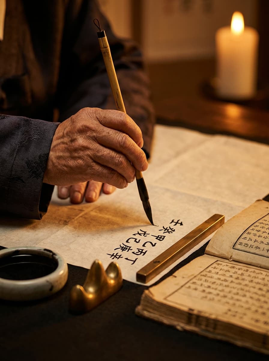 한지 위에 붓으로 사주를 쓰는 장면